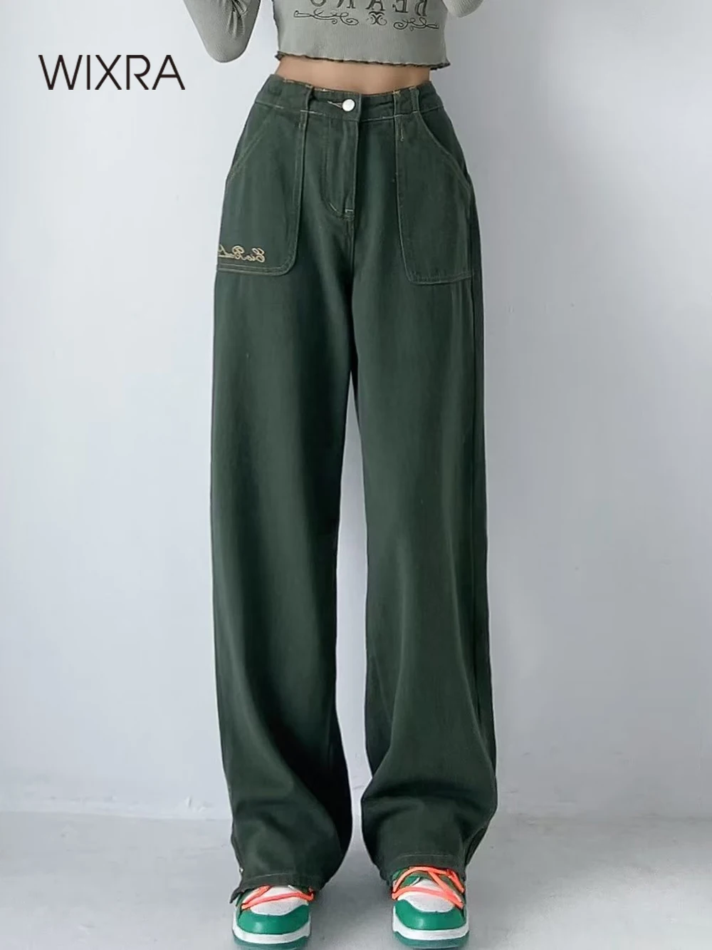 

Wixra женские штаны карго с карманом Весна Лето Твердые молнии высокая талия джинсовые повседневные штаны уличные свободные прямые брюки