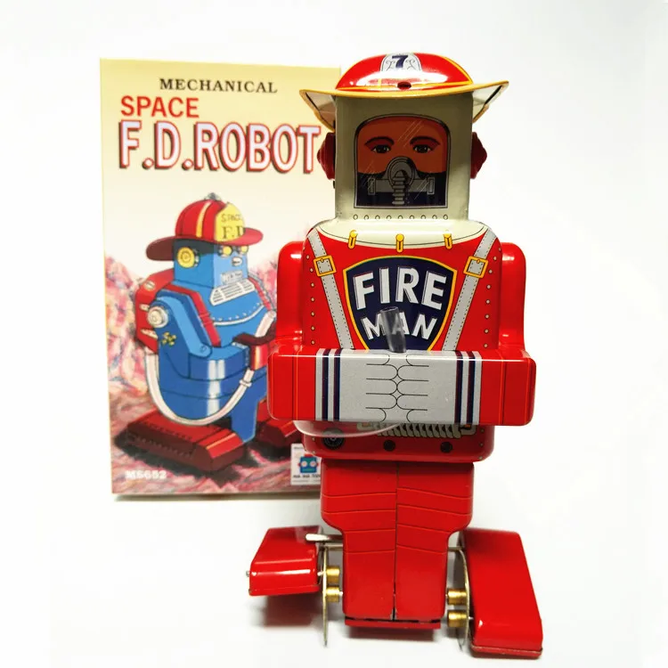 

[Funny] Adult Collection Retro Wind up toy Metal Tin fire man Space F.D.ROBOT Mechanical Clockwork toy figures model kids gift