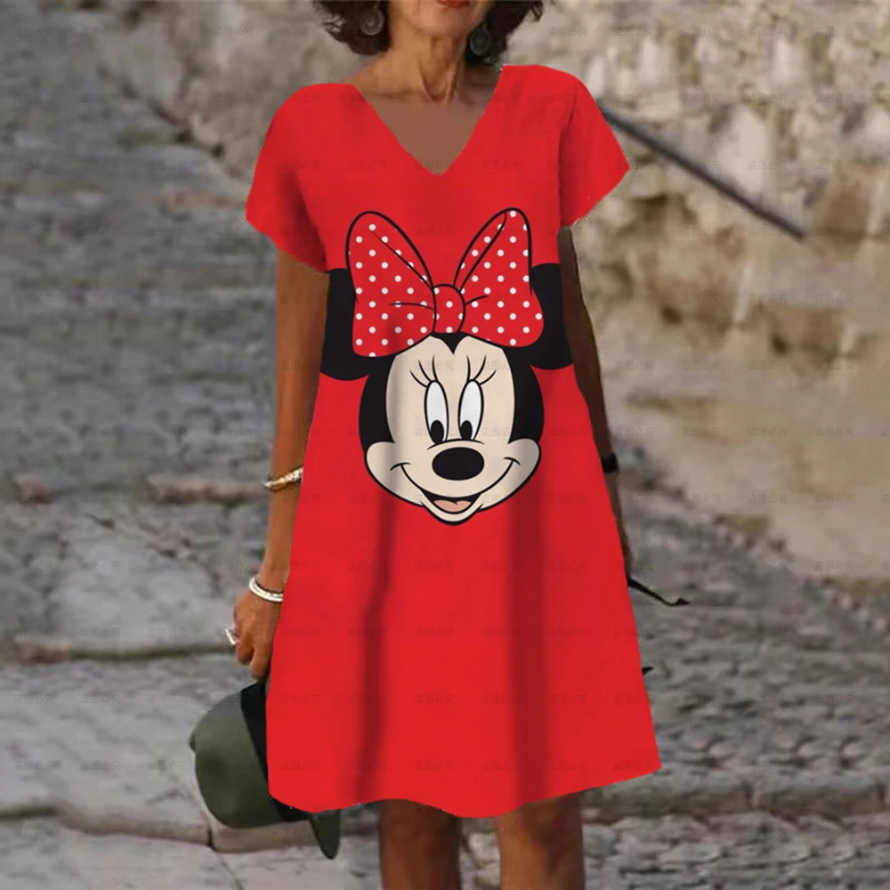 Women's Summer Fashion Dress Loose Dresses Knee Length Short Sleeve Disney Mickey Mouse Print V Neck Stylish Casual Sundress