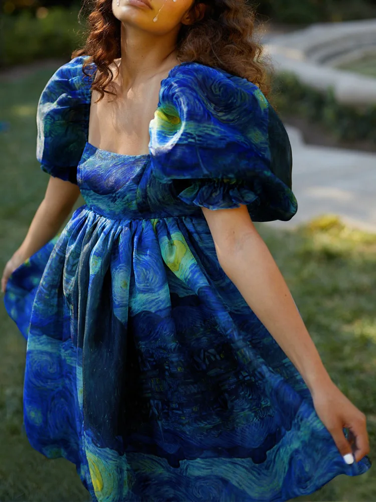 

Sexy Square Neck Pleated A-Line Dress Spring Summer Short Sleeve Loose Floral Print Dress Women Elegant Puff Sleeve Party Dress