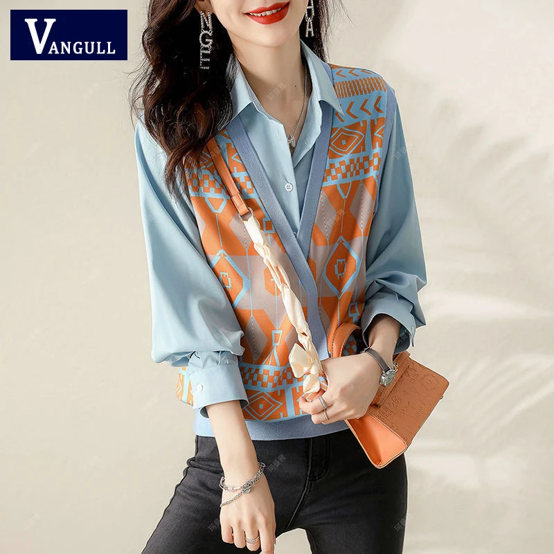 

Vangull Vintage Blue Patchwork Print Shirts Women Spring Long Sleeve Loose Chiffon Blouse Female Fake Two Pieces Ladies Shirts