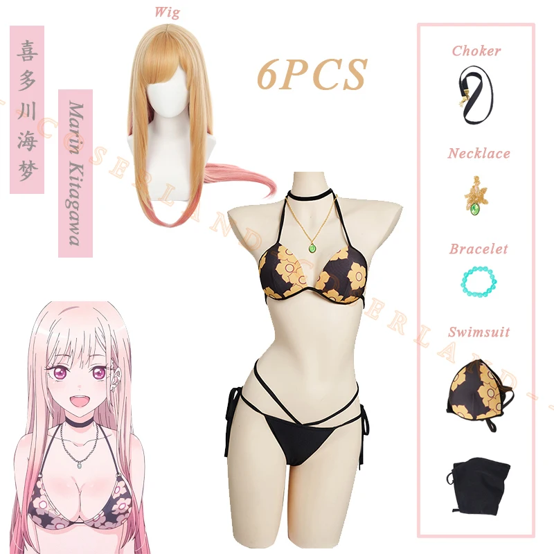 

My Dress-Up Darling Marin Kitagawa Cosplay Costume Yellow Swimsuit Wig Necklace Bracelet Anime Sono Bisque Doll Wa Koi Wo Suru