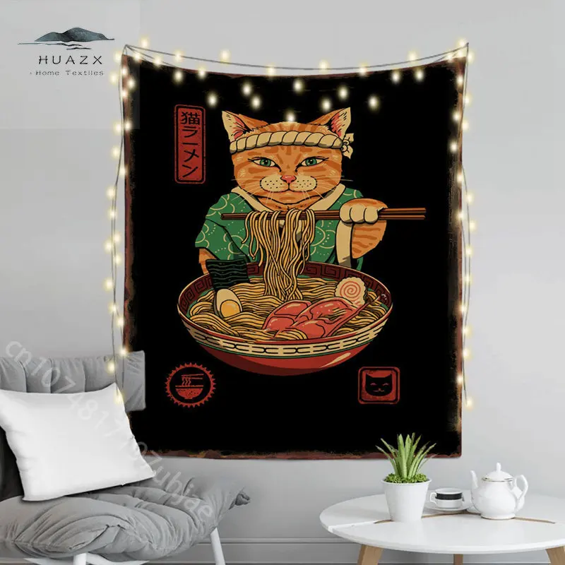 

Japanese Samurai Cat Trapestry Kawaii Room Decor Home Bedroom Wall Hanging Beach Towel Dorm Cloth Background Window Tapestries