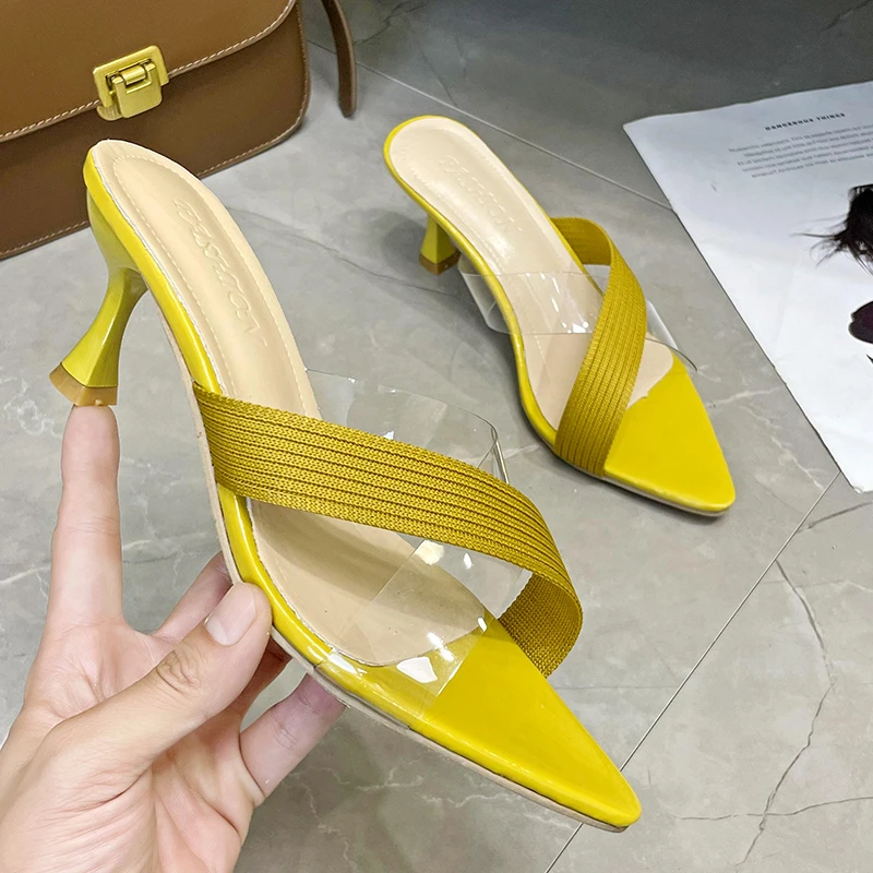 

Ladies Slippers Summer 2022 New Pointed Toe Thin Heels Dress Party Sexy High Heels Women Open Toe Shoes for Women Slippers Mesh