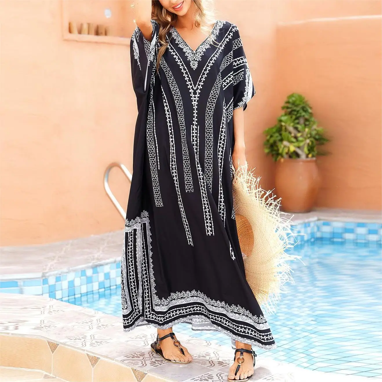 

Накидки для купальников женщин 2022 сексуальный V-образный вырез полосатый принт свободный длинный халат Защита от солнца пляжная одежда куп...