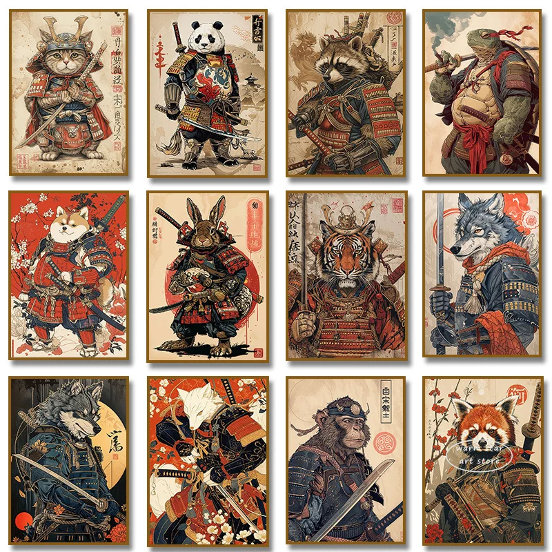 Плакаты в японском стиле с изображением самурайского кота енота панды тигра лисы