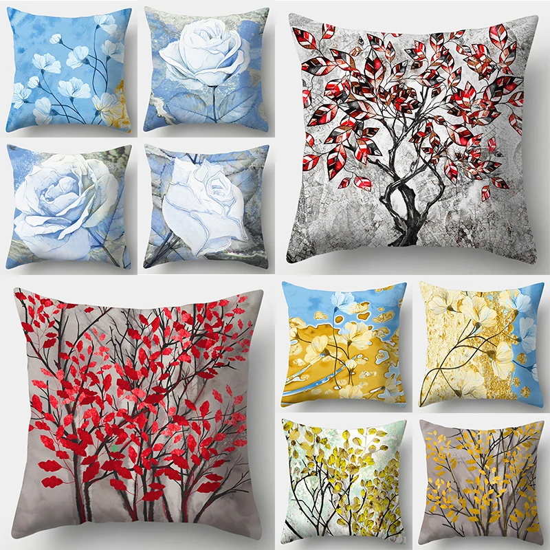 

2022 Flower Pillow Case Abstract Red Leaf Yellow Pillowcase Advanced Blue Sky Living Room Office Sofa Cushion Cover Easter Day