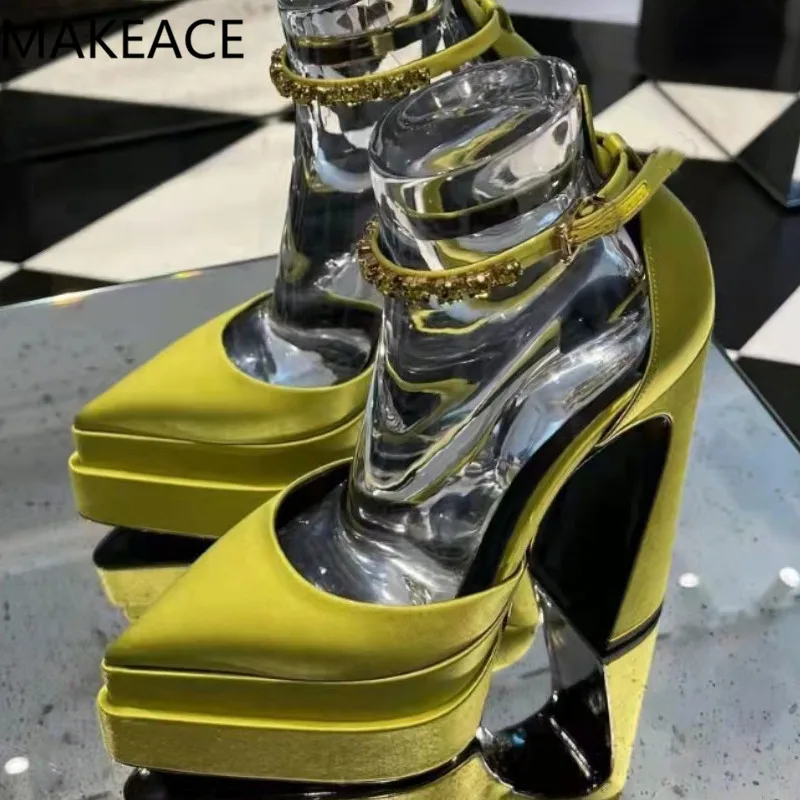 

Summer New Popular Designer Platform High Heels Satin Pumps Buckle Strap Sexy Pointed Toe Ankle Rhinestones Party Shoes Women