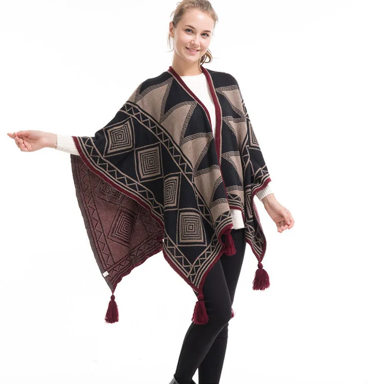 Spring Autumn Geometric Pattern Tassel Cape Knitted Cardigan  Fashion Street Poncho Lady Capes Khaki Cloaks