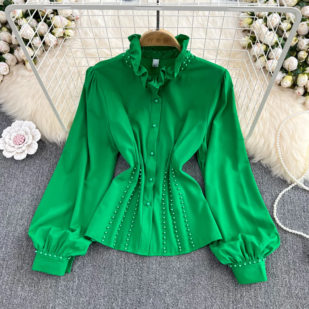 

SuperAen 2022 Spring Autumn Wood Ear Edge Stand Puff Sleeve Loose Solid Diamond Button Shirt Women's Tops