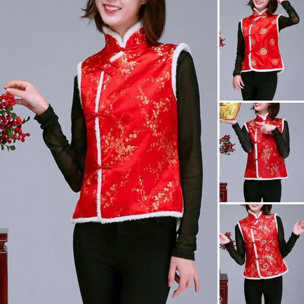 

Женский новогодний жилет, праздничный китайский новый год, женский зимний жилет, традиционный воротник-стойка, защита шеи без рукавов