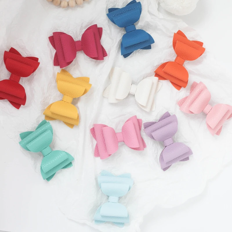 3in 2PCS Daily Hairgrips Solid Color Leather Girls Bows Hairpins Headwear Side Hair Clips For BB Kids Boutique Hair Accessories