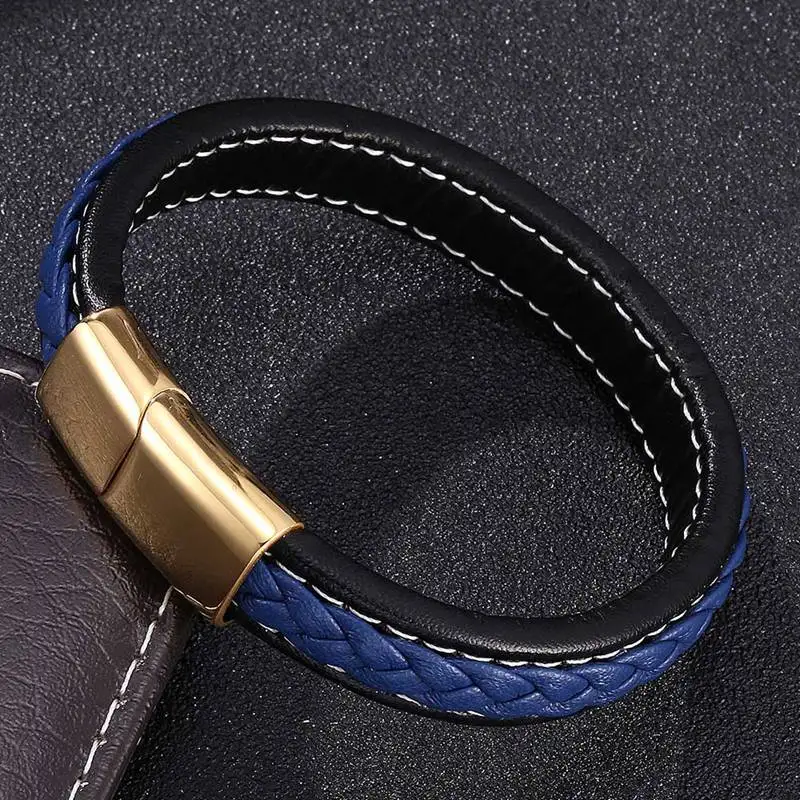 

Classic Men's Jewelry Accessories Blue Black Leather Bracelet Gold Stainless Steel Magnetic Clasp Punk Male Charm Bangle FR0217