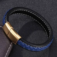 classic mens jewelry accessories blue black leather bracelet gold stainless steel magnetic clasp punk male charm bangle fr0217