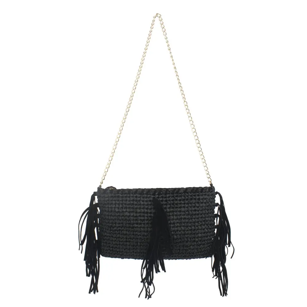 

Women`s Paper Straw Bag with Fringe and Crossbody Chain