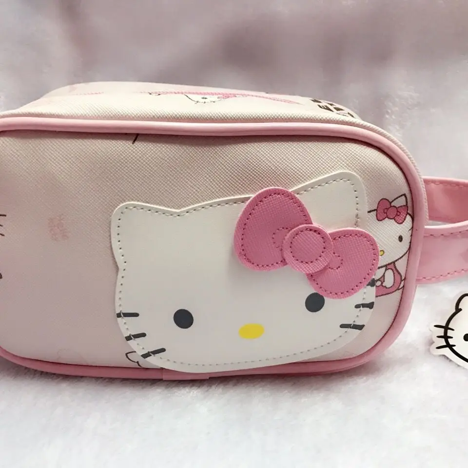 Hello Kitty Bag Cute Bow Women's Cartoon Cat Face PU Leather Storage Cosmetic Bag Waterproof