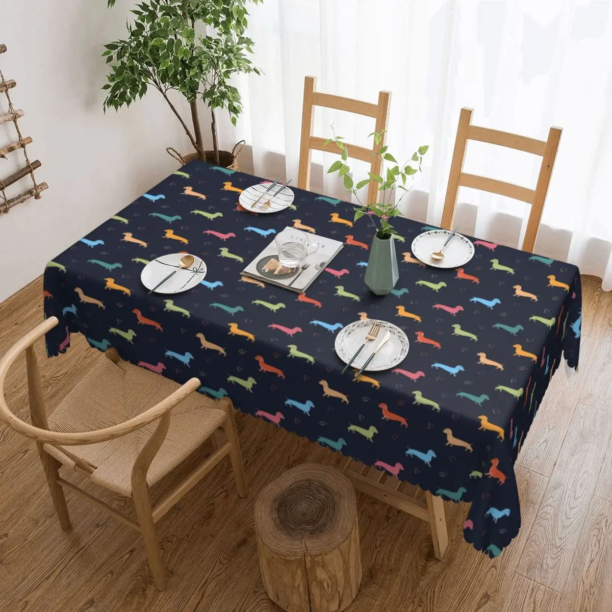 

Multicolour Sausage Dog And Hearts Tablecloth Rectangular Oilproof Dachshund Badger Puppy Table Cover Cloth for Kitchen