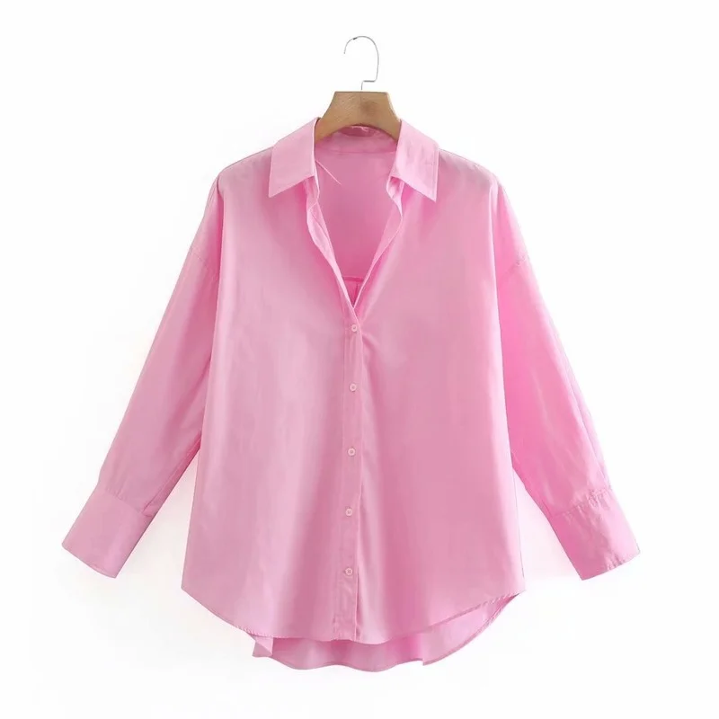 

Однотонная однобортная рубашка из поплина для женщин, Офисная Женская блузка 2022, шикарные хлопковые свободные блузки с длинным рукавом, рубашка, топы 18513
