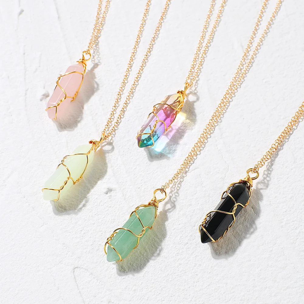 

Gold New Handmade Real Natural Pink Stone Long Pendant Necklace Bohemian Stone Necklace Gifts for Women Female Neck Jewelry