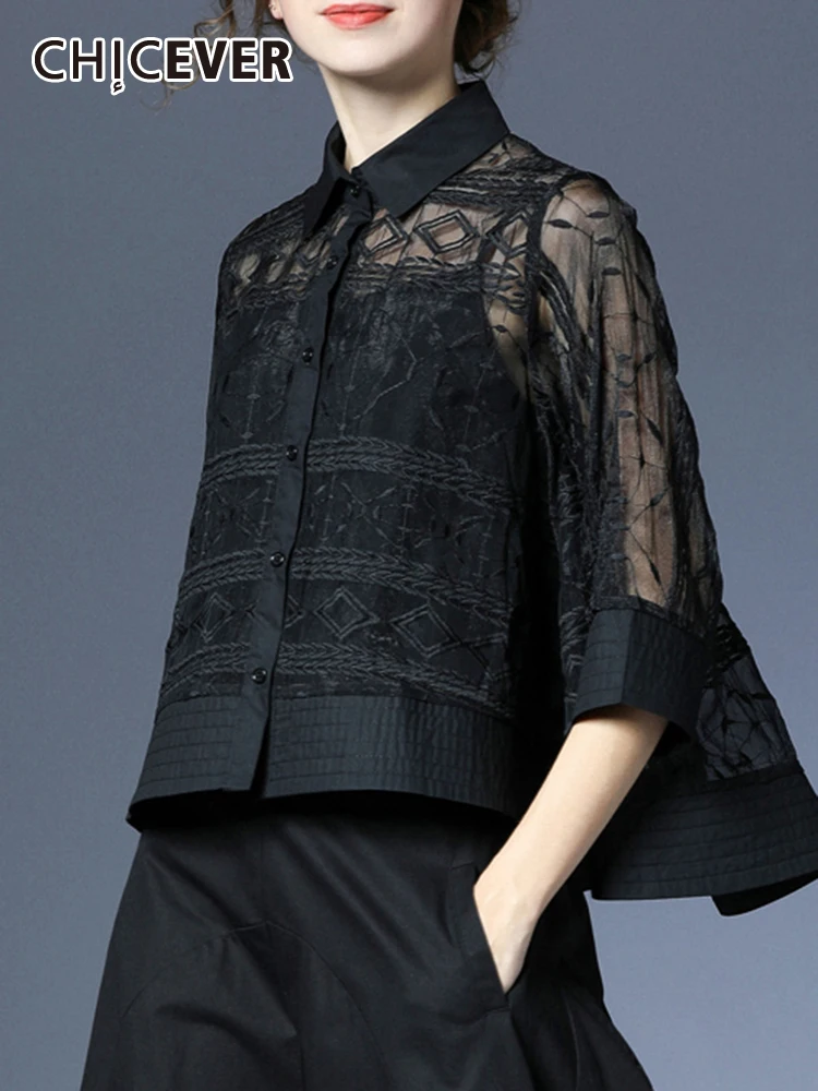 

CHICEVER Patchwork Mesh Shirts For Women Lapel Three Quarter Sleeve Single Breasted Blouses Female Fashion Clothes Spring 2023