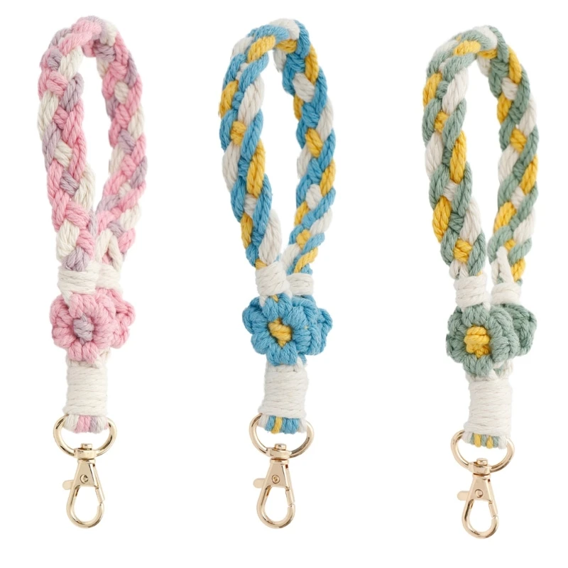 

F42F Macrame Keychain Boho Handmade Colorful Flower Wristlet Keychain Lanyard Keyring Phone Charm for Women