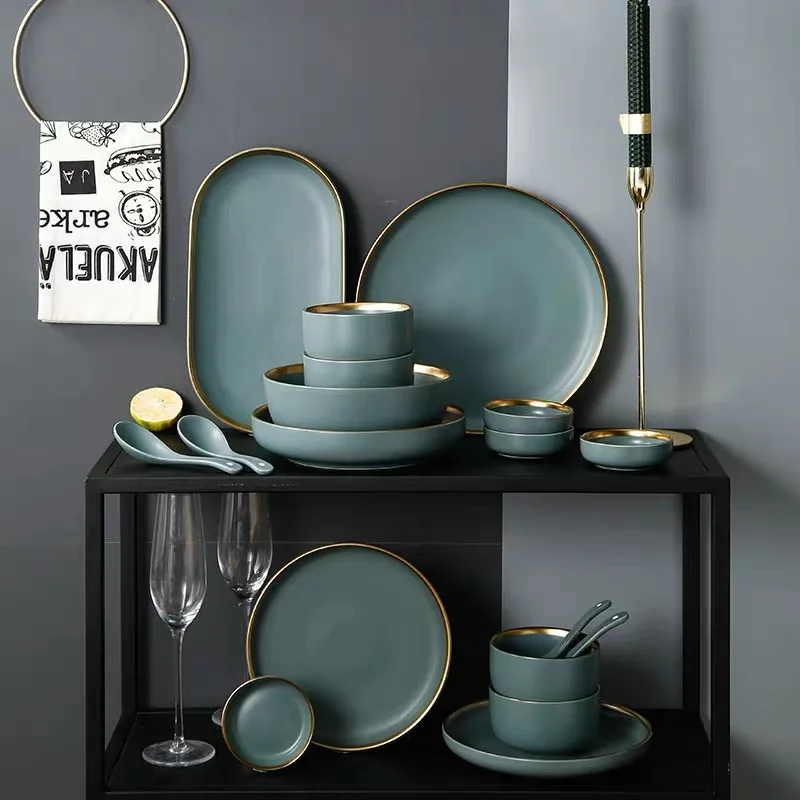 Ceramic Tableware Set with Gold Rim Dinner Dessert Dishes Plates and Bowls Set Grey Green Dinnerware Set Restaurant Hotel Home