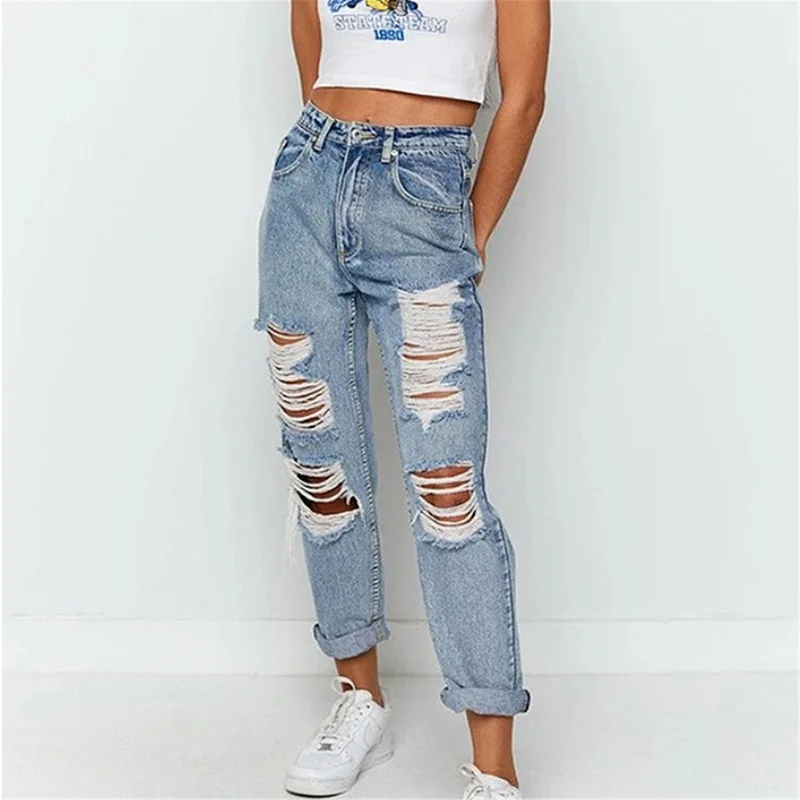 Women Slim Elastic Hole Denim Pants 2023 Fashion Modified Leg Jeans Button High Waist Pocket Pants Female Classical Trousers Pop