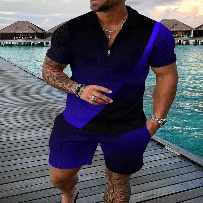 Men's Tracksuit Casual Short Sleeve Zipper Polo Shirt&Shorts Set For Men Streetwear 2-Piece Suit 2023 Summer