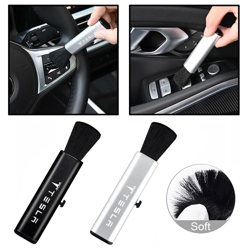 

Metal Car Interior Cleaning Brush for Tesla Model S X 3 Roadster Portable Retractable Soft Hair Cleaner Keyboard Dashboard Tool