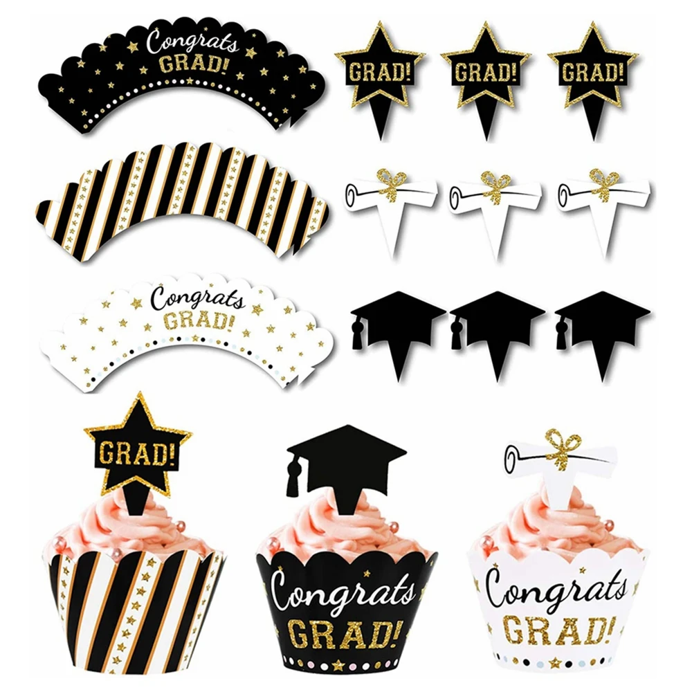 

12/24pcs Graduation Party Cupcake Wrappers with Cake Topper Class Of 2022 Cupcake Topper Wrapper Cake Party Supplies Decorations