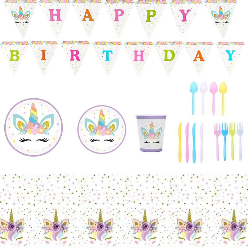 

Flower Unicorn Theme Birthday Party Decoration Supplies Purple Birthday Party Paper Cup Paper Towel Knife Fork Spoon Decoration