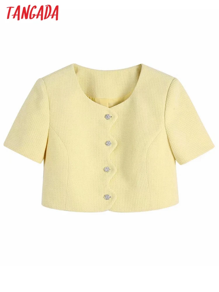 

Tangada Women Yellow Tweed Blazer Beading Buttons Short Sleeve Elegant Jacket Ladies Crop Blazer Suits BE190