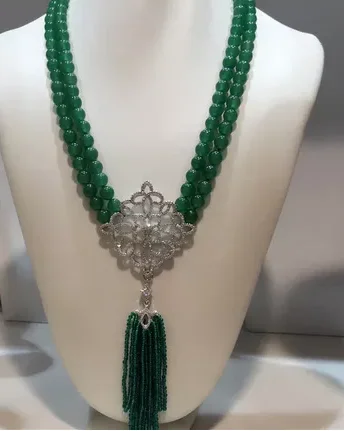 

New style 2rows green stone tassel necklace micro inlay zircon accessories clasp fashion jewelry