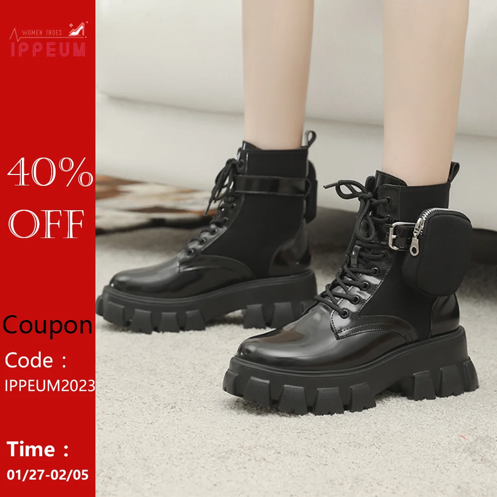 

IPPEUM Women Ankle Boots Brand Designer Fashion Motorcycle Botas With Pocket Black Punk Style Brand Dupes Platform Shoes