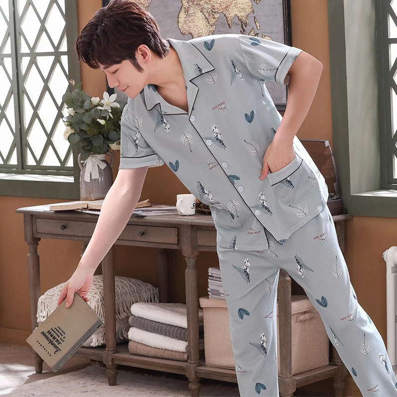 

Летняя Пижама, короткий длинный костюм, Трикотажный Хлопковый кардиган с имитацией пуговиц, Мужская весенне-осенняя Тонкая Клетчатая домаш...