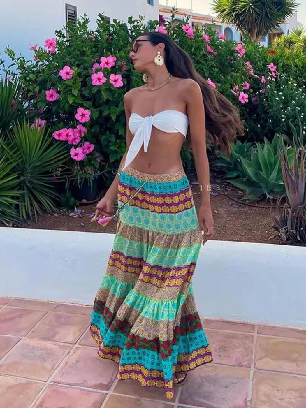 

Jastie, винтажные юбки в стиле бохо с цветочным принтом для женщин, новинка 2022, летняя пляжная длинная юбка трапециевидной формы с высокой тали...