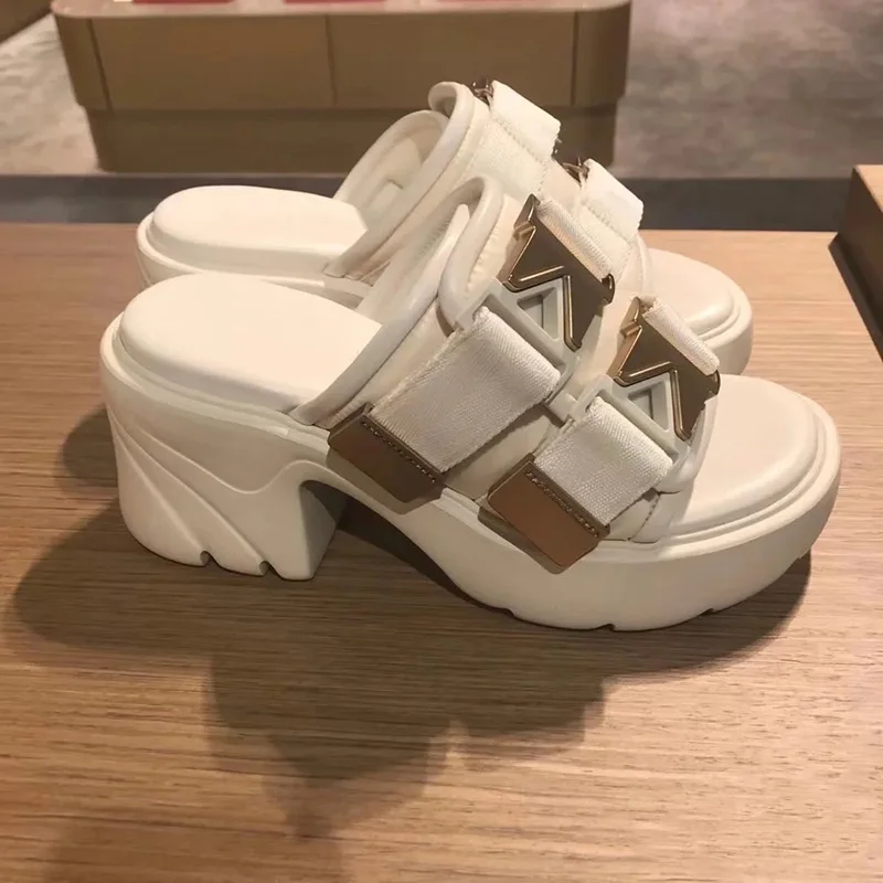 Women's Thick-Soled High-Heeled Half Slippers 2022 Spring and Summer New Platform All-Match Metal Buckle Slip-on Pumps