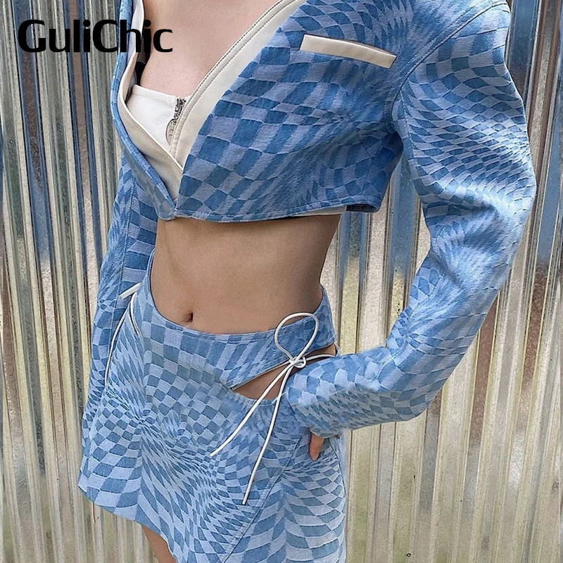 

Женский джинсовый комплект GuliChic 7,18 года, короткая куртка в шахматную клетку с геометрическим принтом и V-образным вырезом или ажурная юбка н...