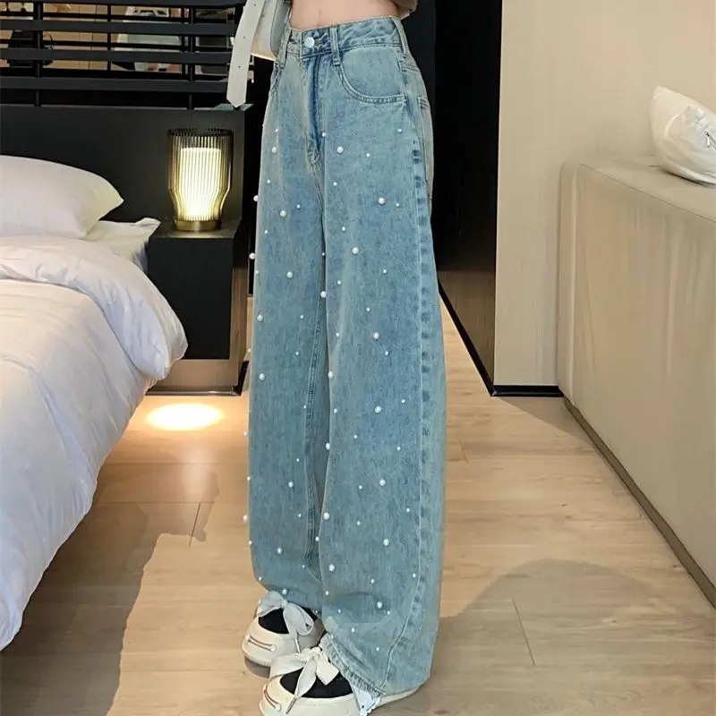

Hsa/Летняя женская одежда, джинсы, сверхмощный дизайн, светильник с жемчугом, синие прямые брюки с высокой талией, свободные широкие брюки