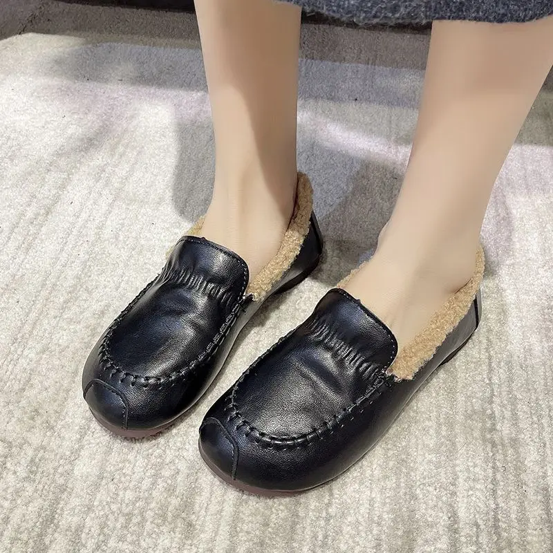 Women's Flats Leather Casual Winter Plush Flat Shoes Loafers Ladies Ankle Boots Warm Non-slip Shoes Girls Soft Moccasin Footwear