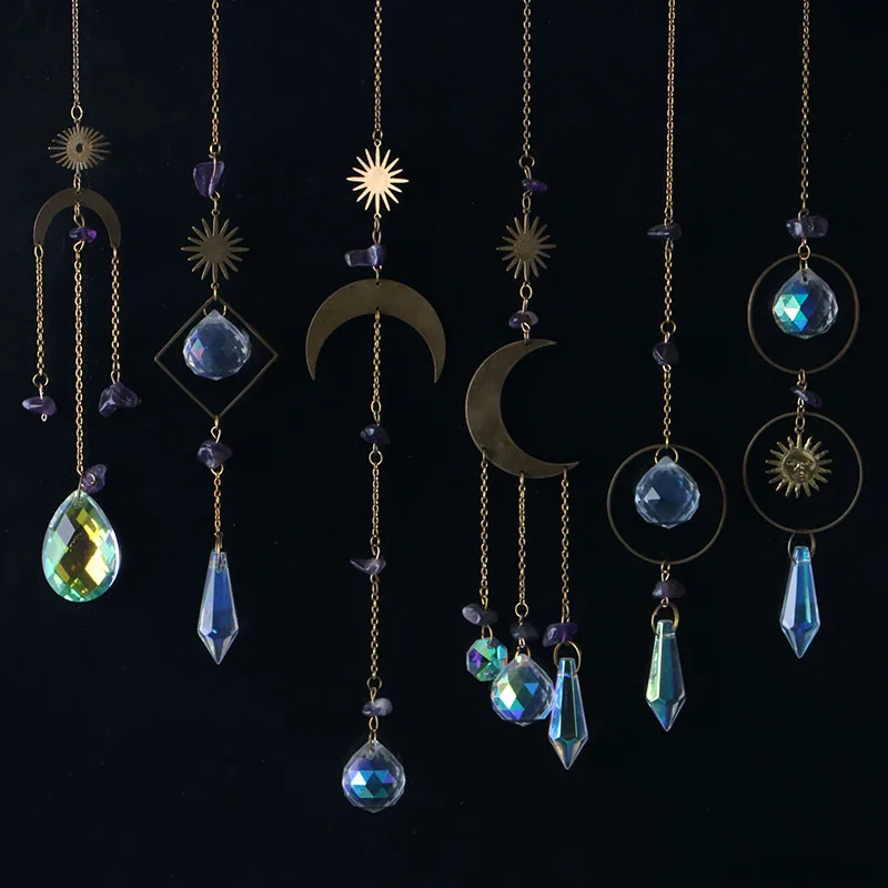 

Suncatcher Crystal Moon Sun Catchers Amethyst Crystals Rubble Pendants Wind Chimes Rainbow Prisms Hanging Window Home Decor