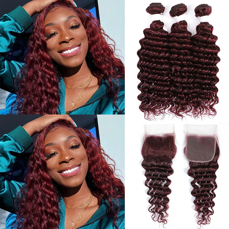 Deep Wave Bundles With Closure 99J Red Colored Human Hair Weave Bundles With Closure Brazilian Remy Hair Cheap KEMY HAIR