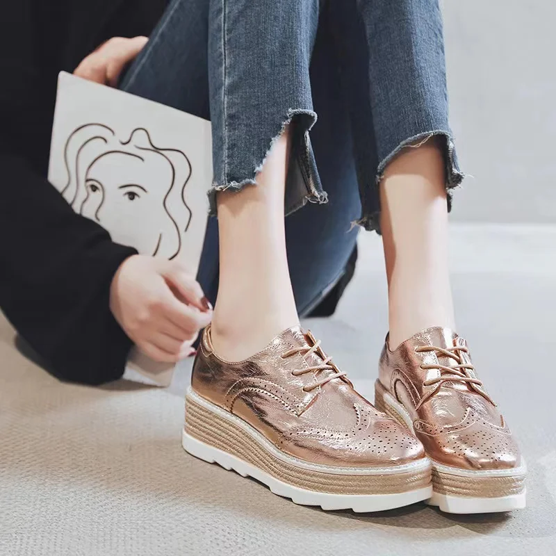 Patent Leather Women Platform Oxfords Brogue Flats Shoes Lace Up Square Toe Brand Female Footwear Shoe For Women Creepers Silver