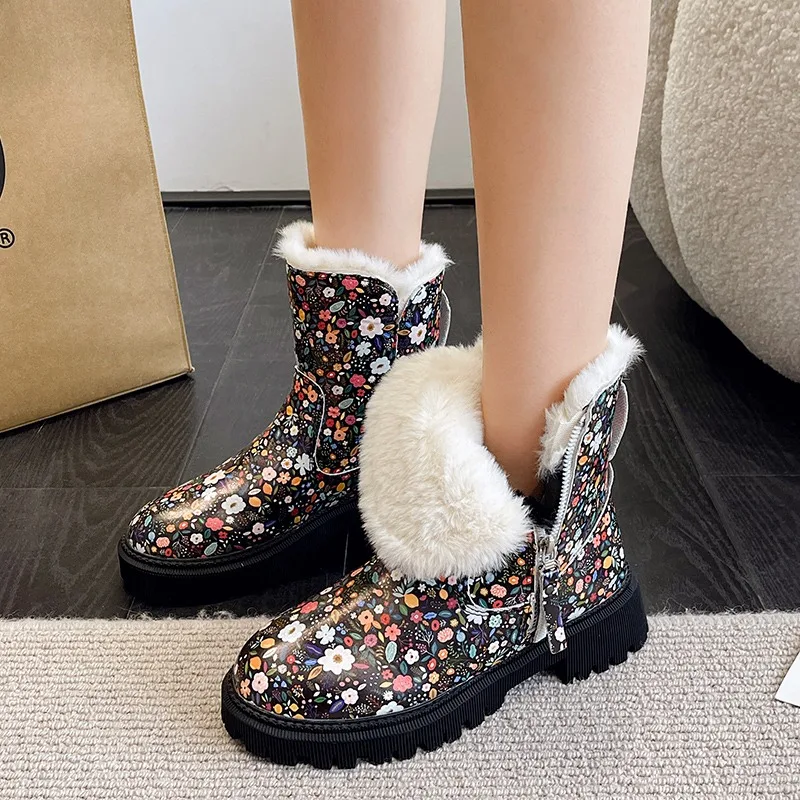

Shoes for Women 2023 Side Zip Warm Women's Boots Fashion Daily Mid-Calf Boots Women Print Round Toe Fretwork Heels Shoes Female