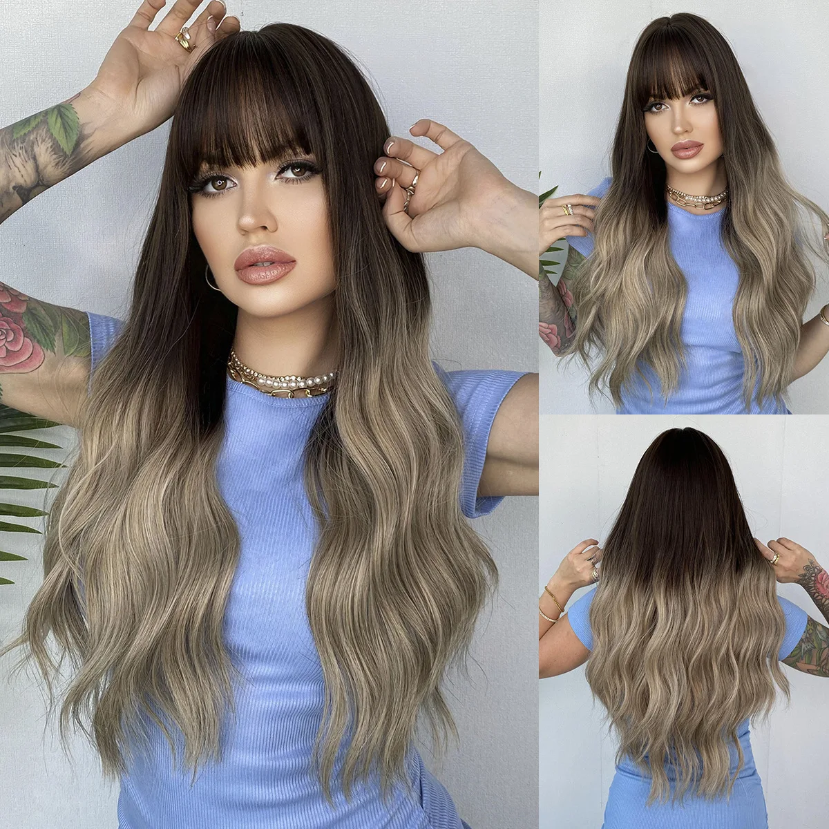 Длинные вьющиеся волосы постепенно меняют цвет естественная пушистая Роза набор