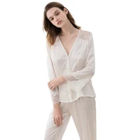 19 momme pure silk pajamas 100 mulberry silk long sleeve trouser female real silk homewear summer lace sleepwear for woman