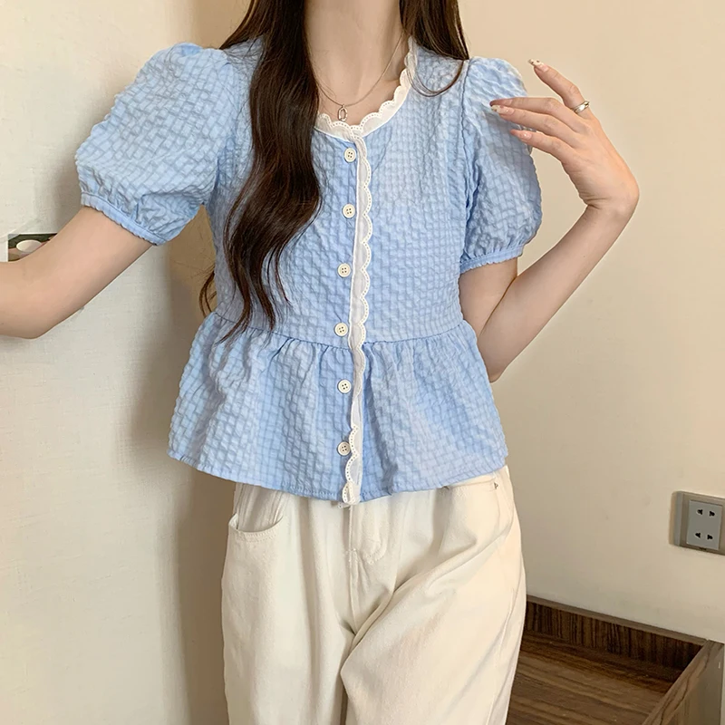 Милые кружевные рубашки женские летние корейский стиль дизайн универсальные