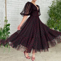 cathy black tull party dress with puffy sleeves sweetie heart evening dresses fairy black red prom dress v neck vestidos de noch