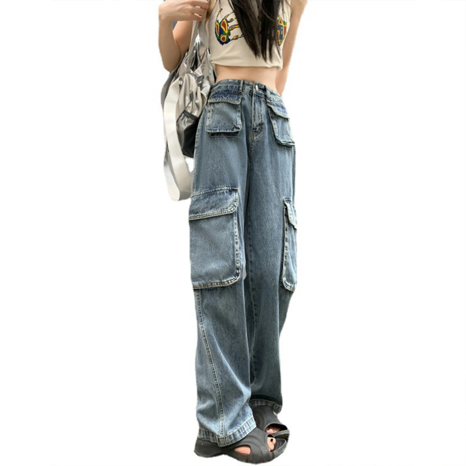 

Vintage High-Waisted Jeans Street Loose Cargo Pants Refugee Costume for Women Teen Girls Girlfriend