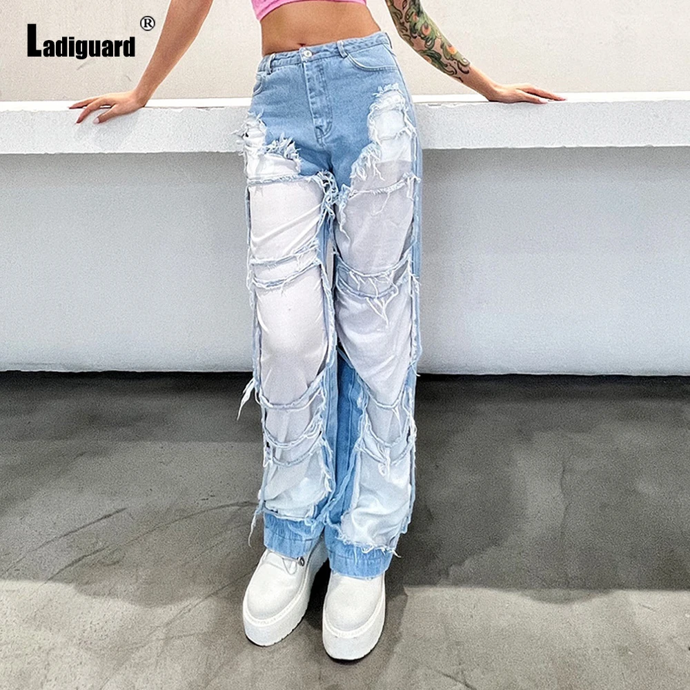 Ladiguard Sexy Women Ripped Pants Girls Streetwear Straight Leg Jeans High Cut Trouser Spring Fashion Splice Pants Harajuku 2021